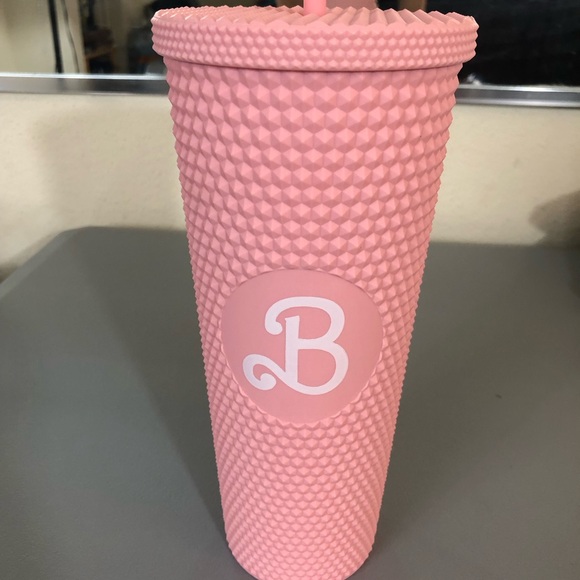 Barbie Core Peach Color Studded Tumbler B Letter Straw Cup & Lid Plastic Tumbler - Picture 1 of 8